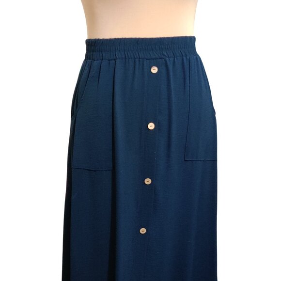 Emi & Joe L Navy Blue Midi Skirt Pockets Button Detail Flowy Boho Chic Preppy - Picture 9 of 9